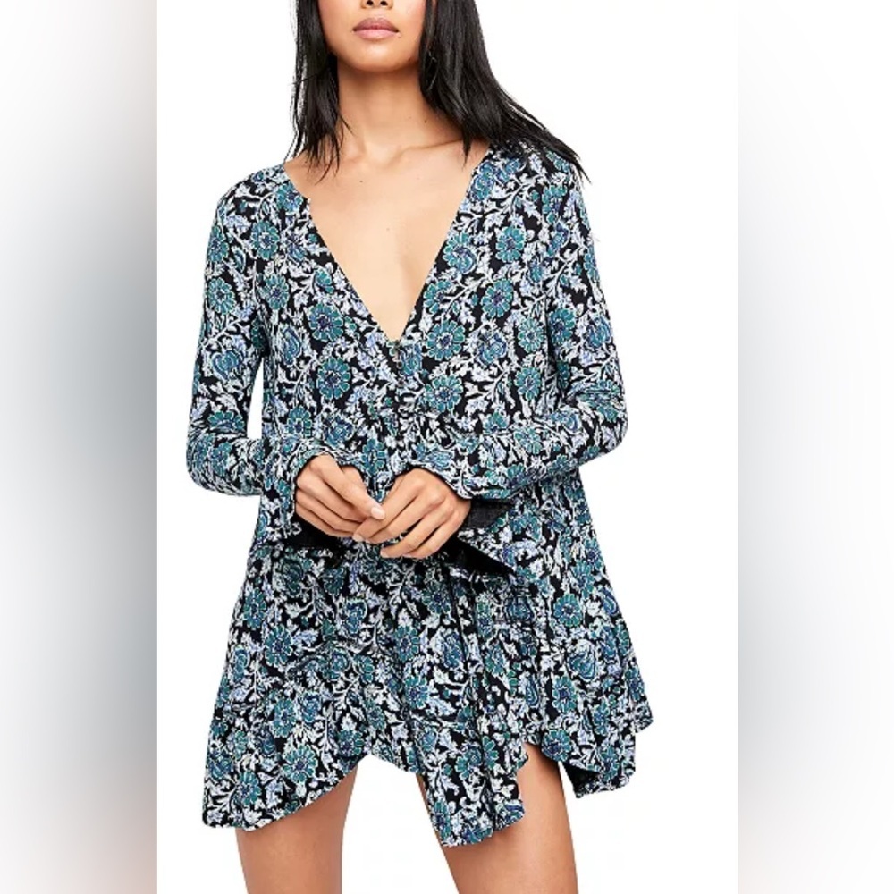 Free People Blue Black Floral Tie-Front Tunic